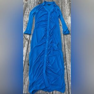 Bold Elements cerulean blue stretch-mesh ruched button-front dress. Size Large.